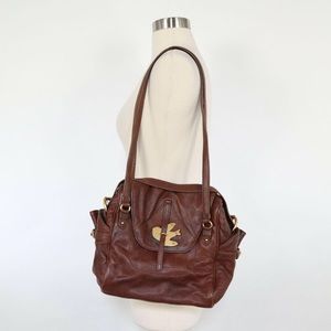 Handbag Leather Brown Brass Bird Buckle Logo Medium